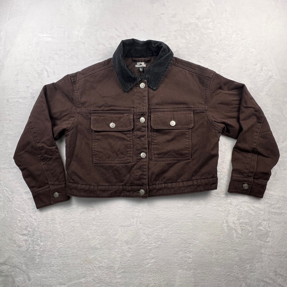 Future Collective Womens Brown Quilted Cropped Denim Jacket Black Collar S NWOT